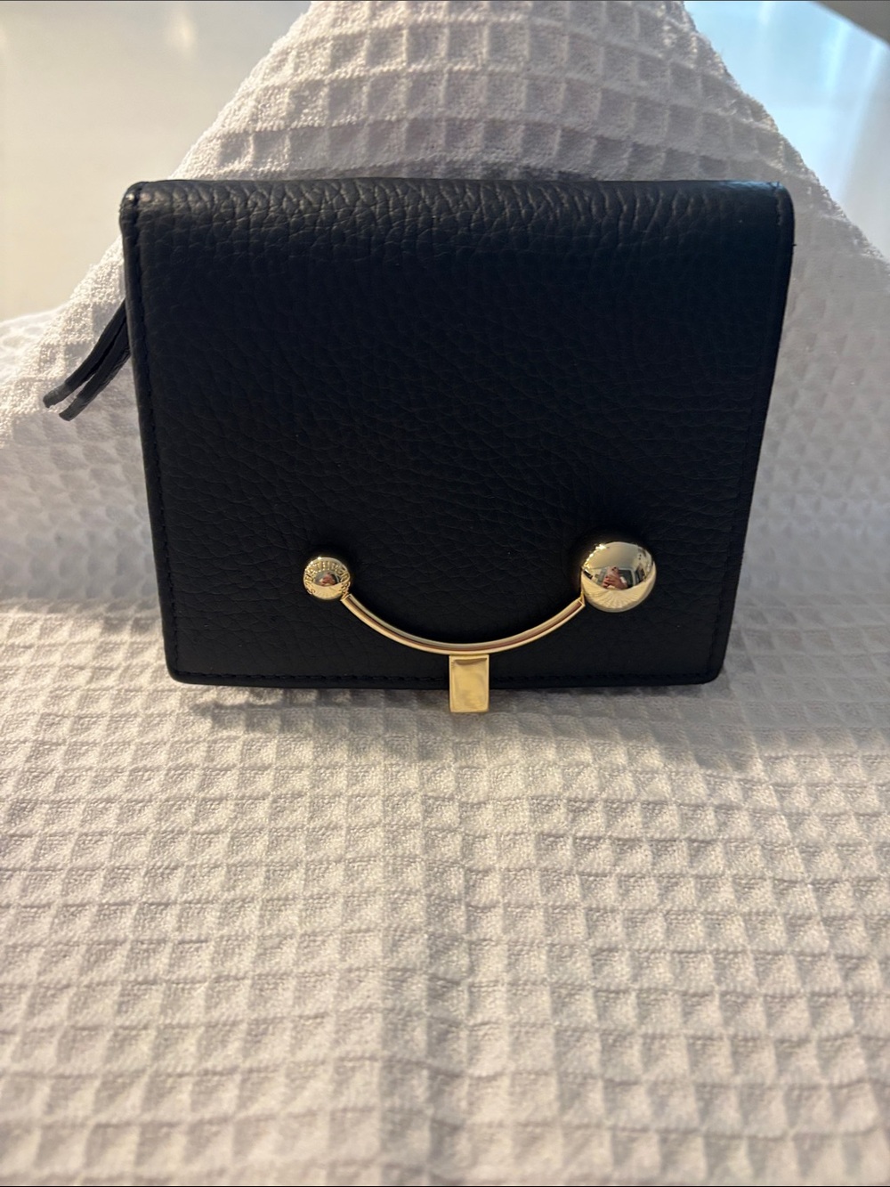 Strathberry Black Pebbled Leather Wallet with Gold Hardware